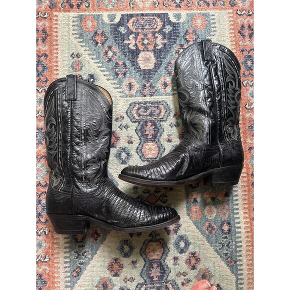 Vintage Dan Post Black Teju Lizard Men\'s Cowboy Boots USA 9.5B  Western main image 4